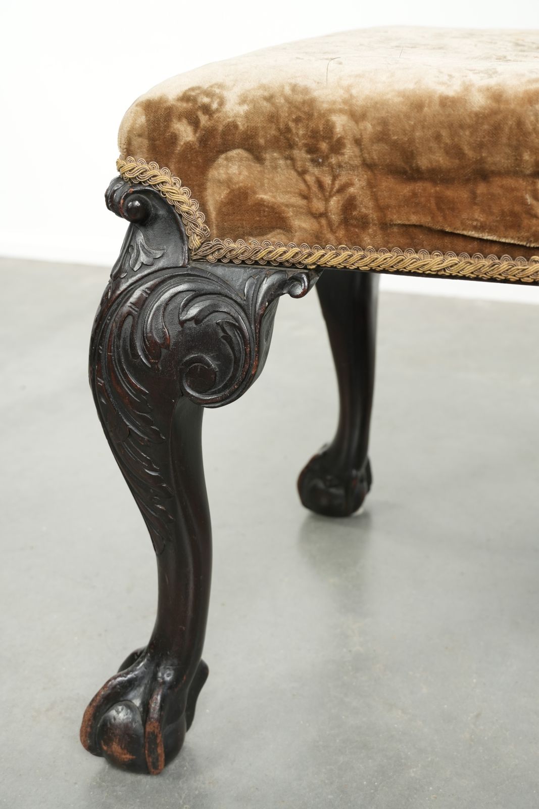 Furniture Antique Dutch Seat/Ottoman From The 18th Century With Velvet Fabric, Beautiful Wood Carving, And Claw Feet. photo
