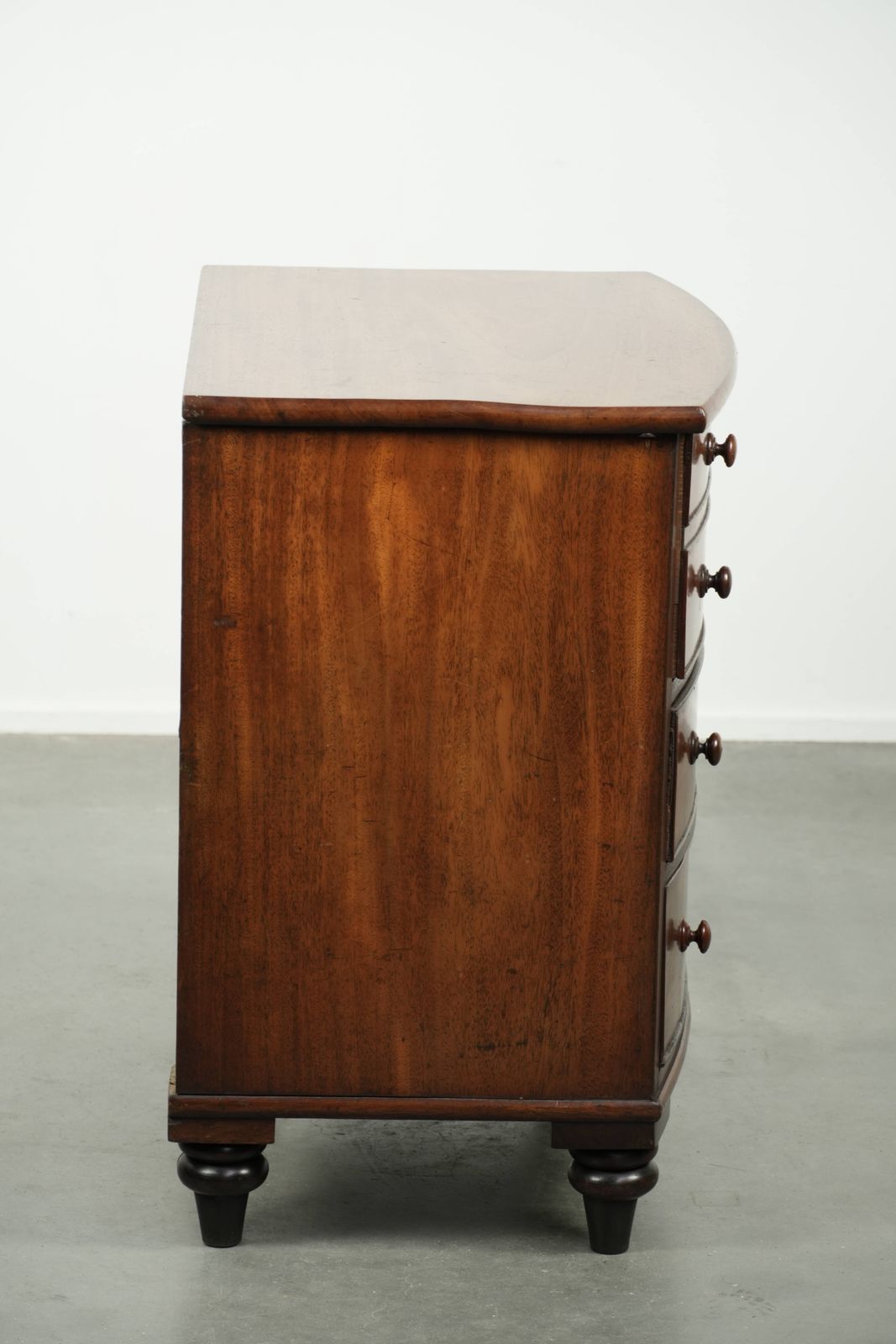 Antique 19th Century English Bow Front Chest Of Drawers In A Unique, Subtle Size With Beautiful Warm Colors. photo Furniture