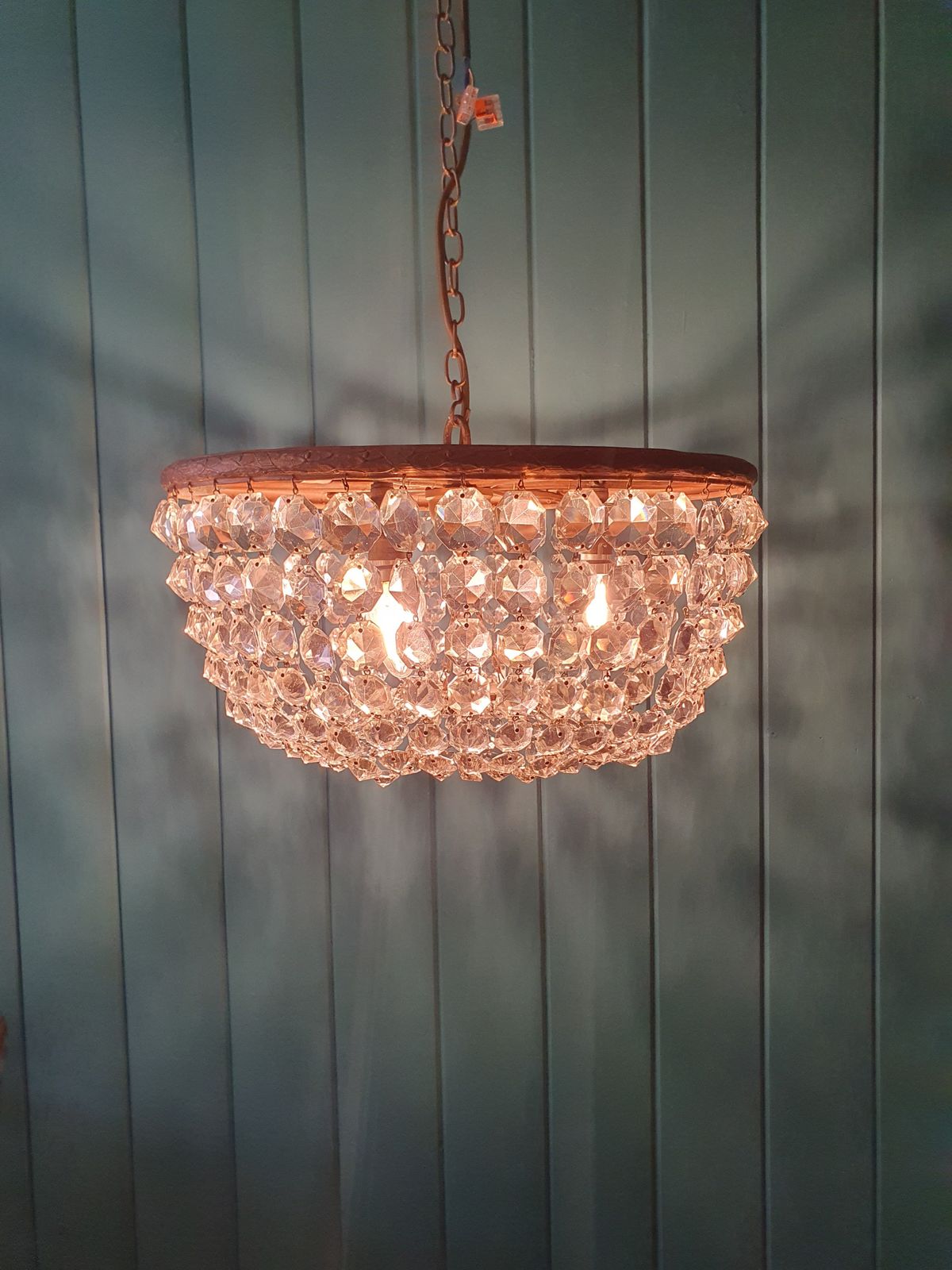 Antique Early 20th Century Brass & Cut Glass Bag Chandelier 16" photo furniture