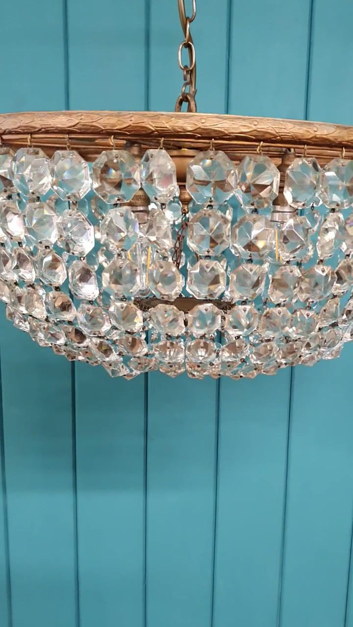 Antique Early 20th Century Brass & Cut Glass Bag Chandelier 16" photo for sale