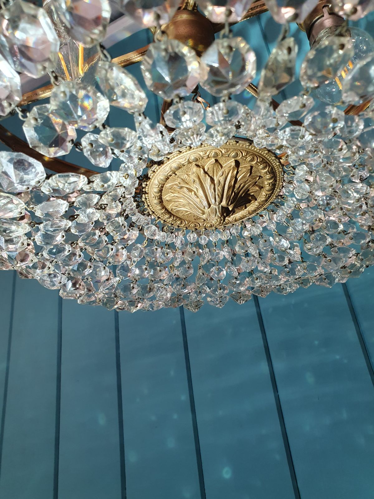 Antique Early 20th Century Brass & Cut Glass Bag Chandelier 16" photo vintage