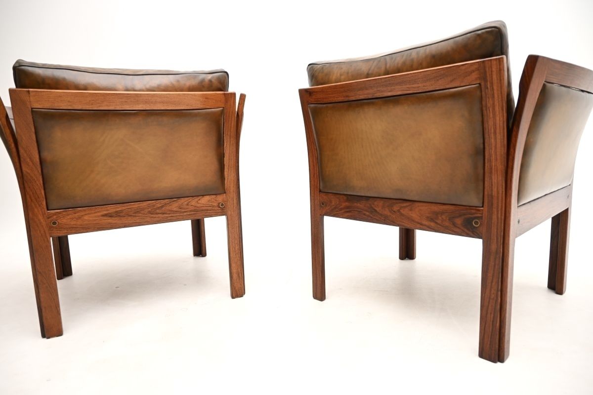 Furniture Pair Of Vintage Danish Rosewood And Leather Armchairs By Illum Wikkelso photo