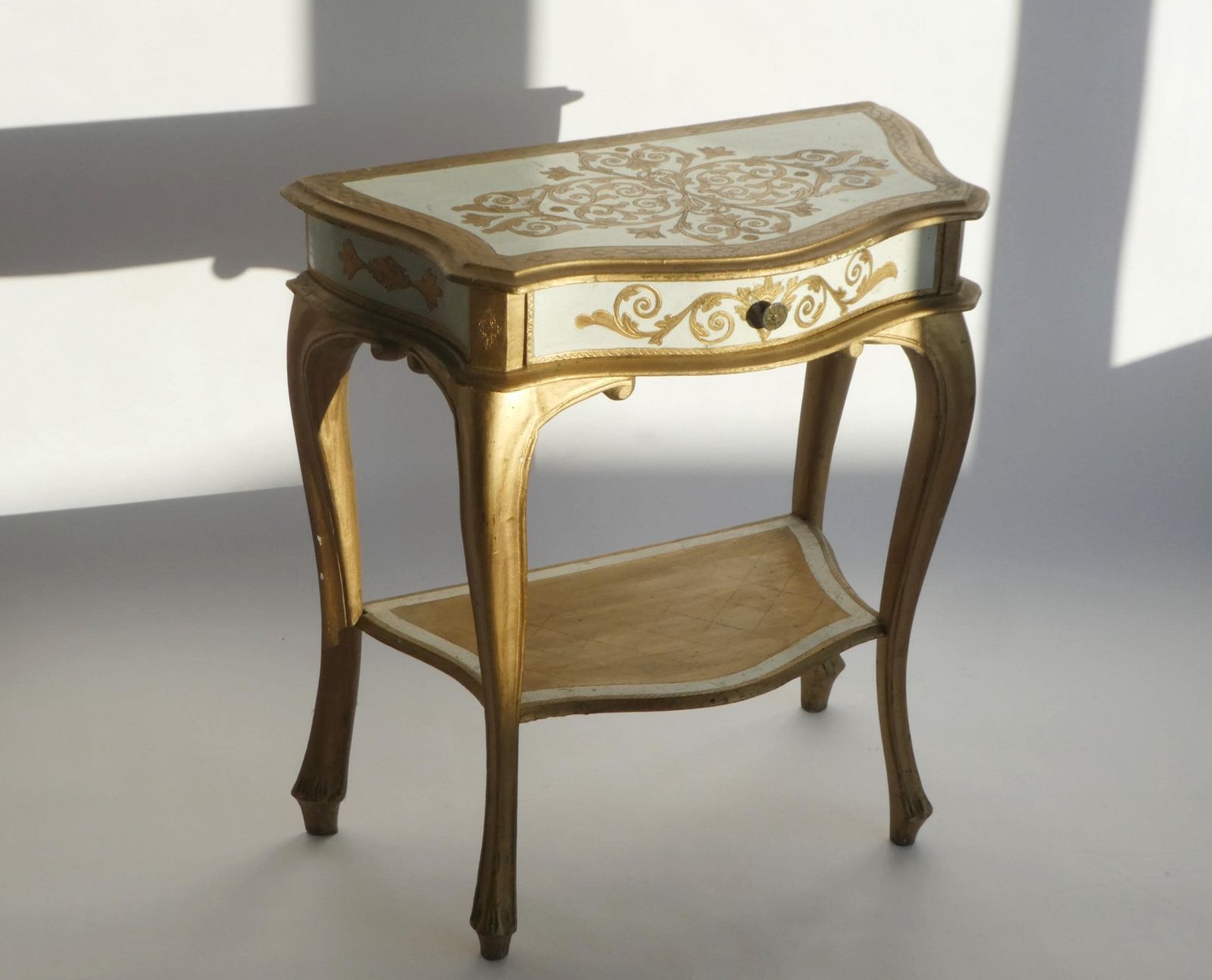 Mid Century Gilded Florentine Wooden Entry Table, Gold White Console, Mid Century Nightstand Hollywood Regency Side Table photo furniture