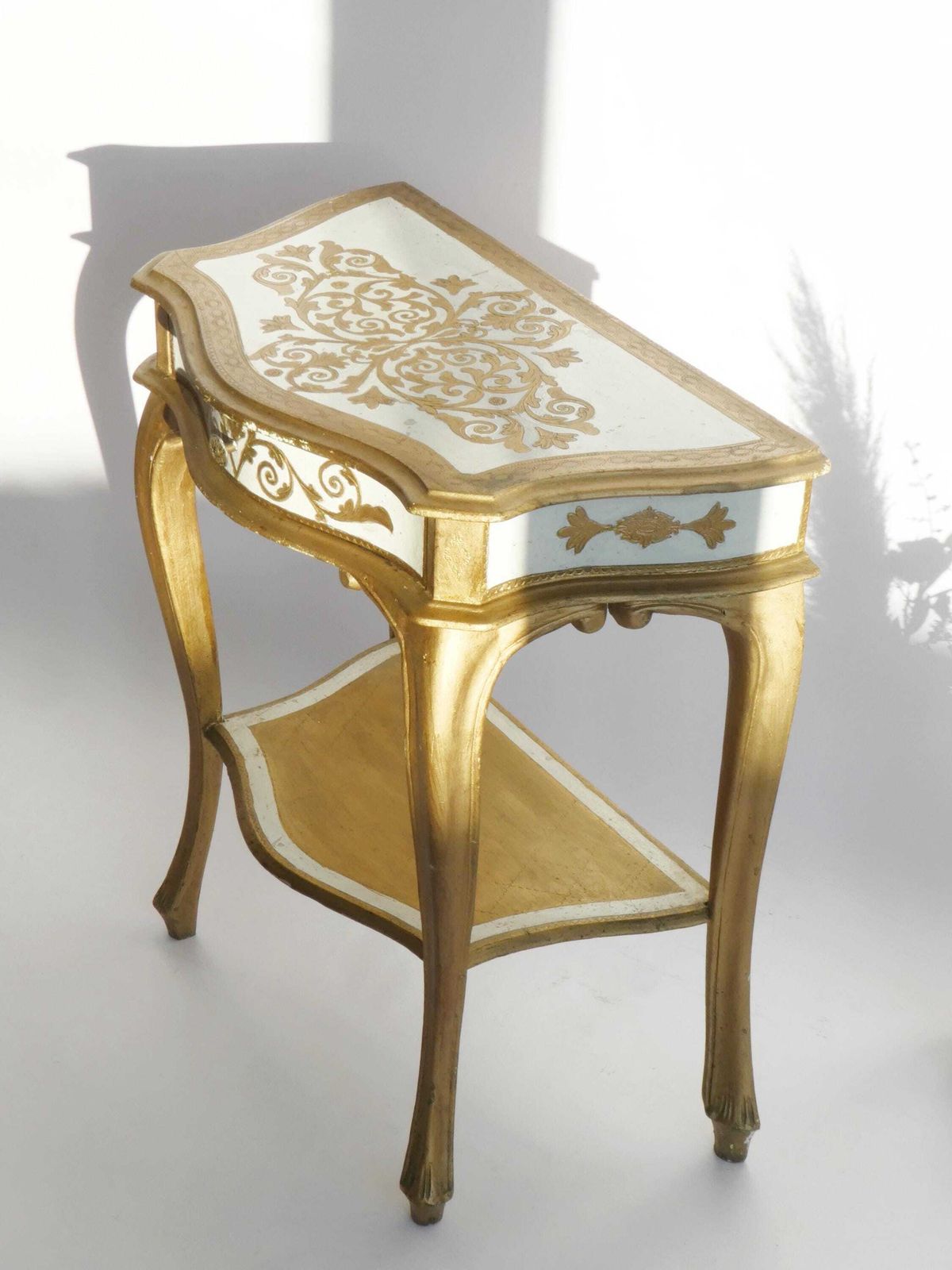 Mid Century Gilded Florentine Wooden Entry Table, Gold White Console, Mid Century Nightstand Hollywood Regency Side Table photo for sale