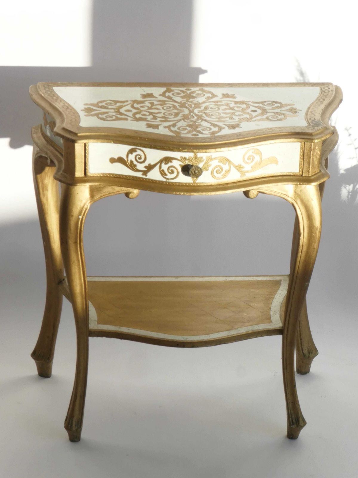 Mid Century Gilded Florentine Wooden Entry Table, Gold White Console, Mid Century Nightstand Hollywood Regency Side Table photo buy