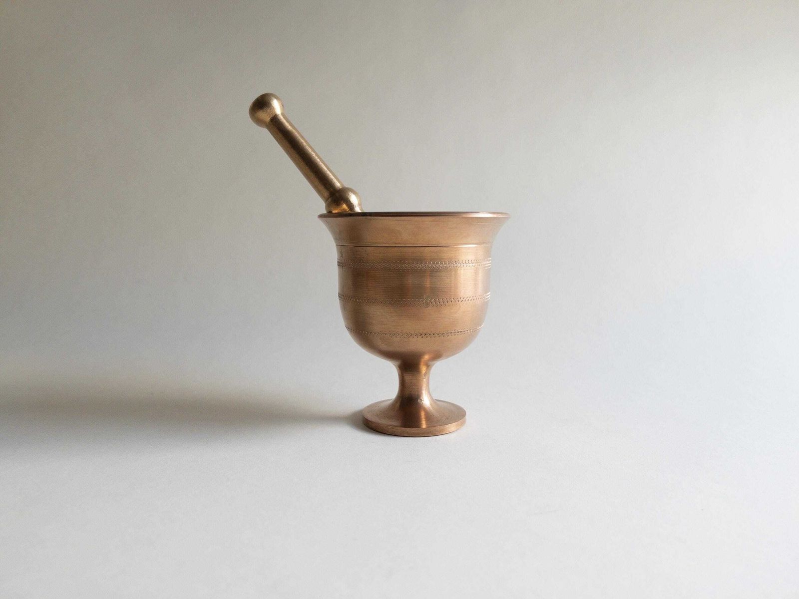 Vintage Footed Brass Mortar And Pestle, Apothecary Pill Crusher, Herb Grinder photo furniture