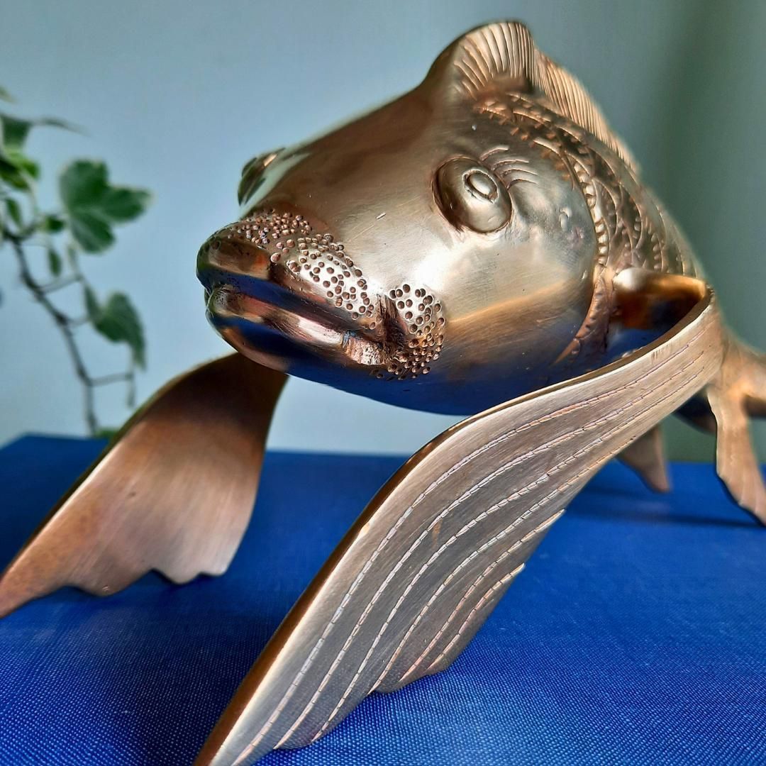 Large Mid Century Korean Solid Brass Koi Fish Sculpture Life Size 10in Long photo for sale
