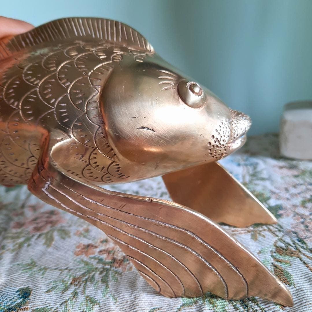 Large Mid Century Korean Solid Brass Koi Fish Sculpture Life Size 10in Long photo 110.0