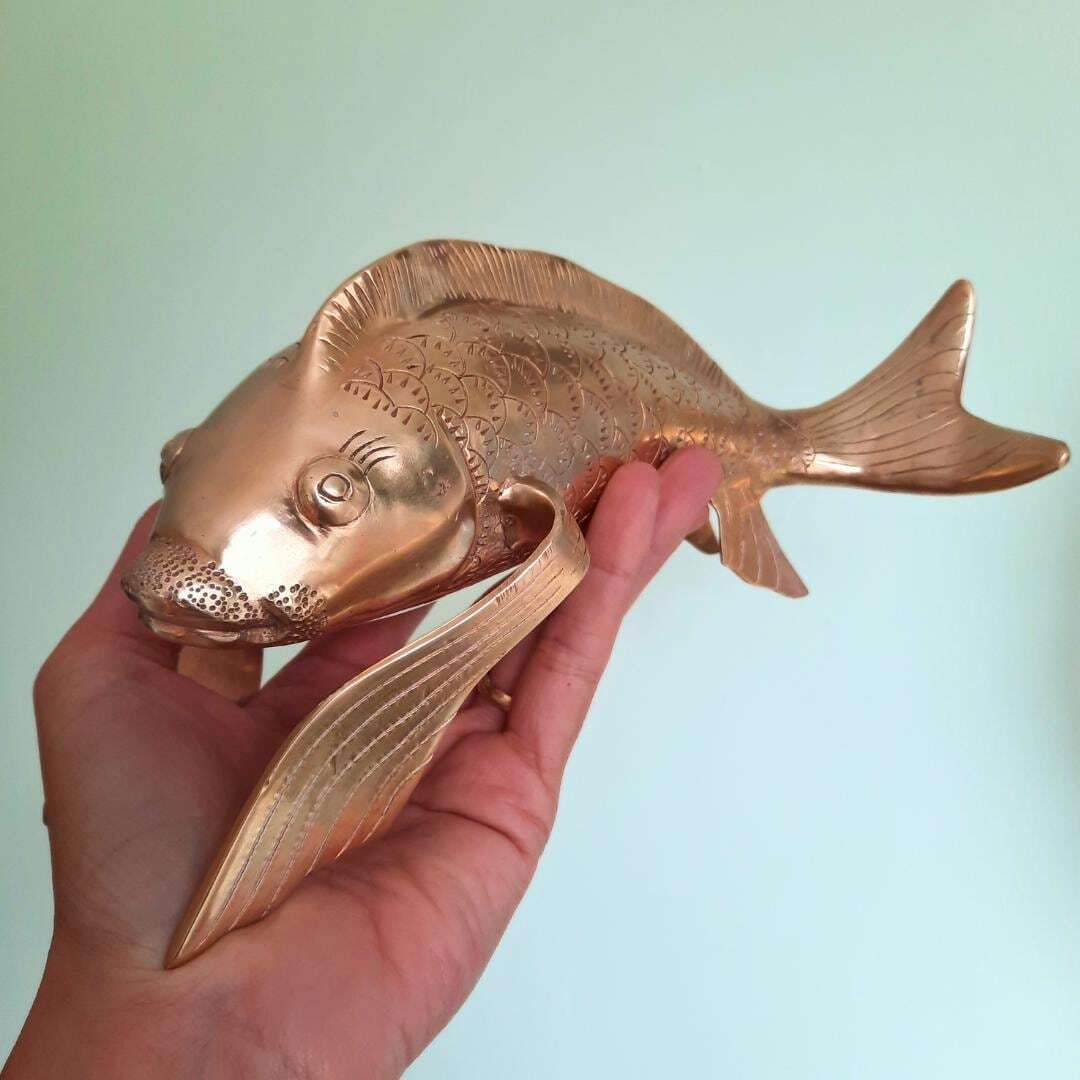 Large Mid Century Korean Solid Brass Koi Fish Sculpture Life Size 10in Long photo vinterior