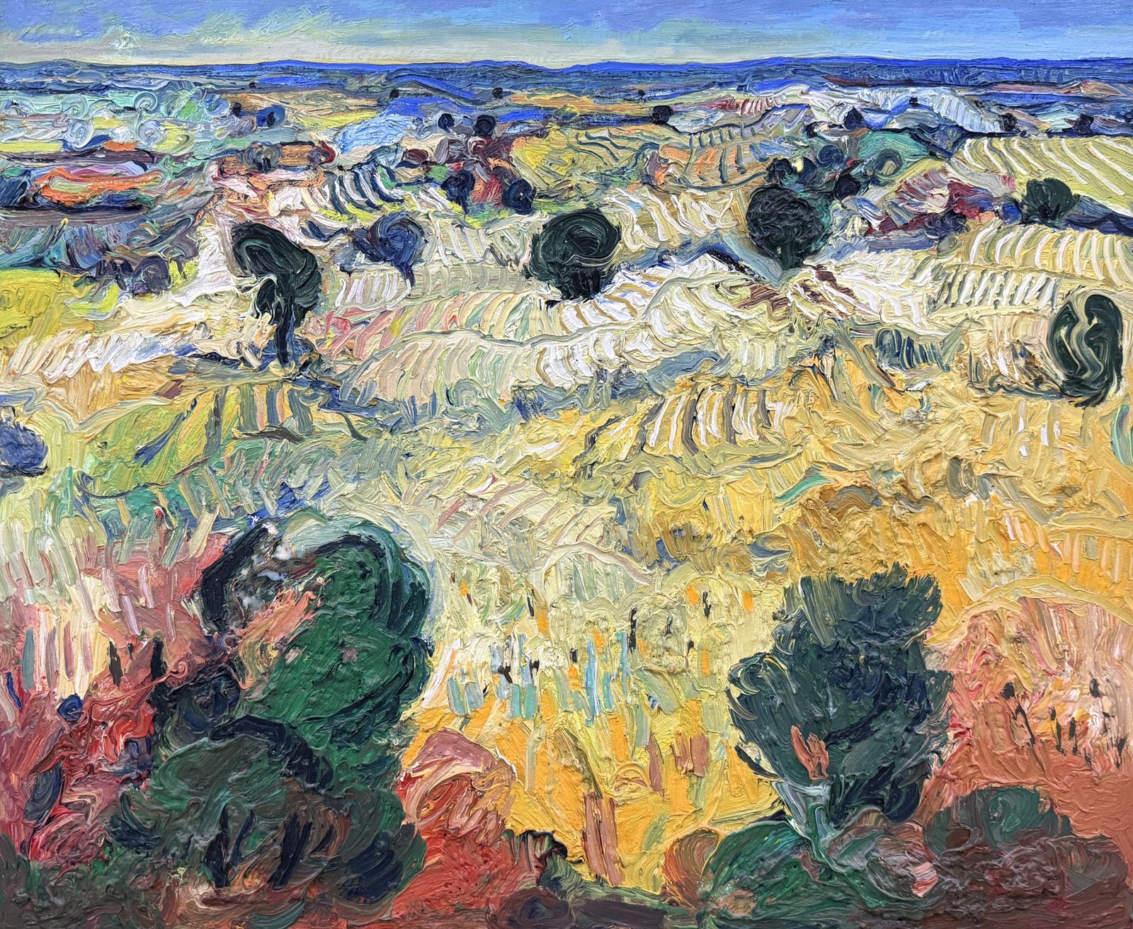 Ulpiano Carrasco Expressive Castilian Landscape Oil Painting With Olive Trees And Impasto Spain 1998 photo furniture