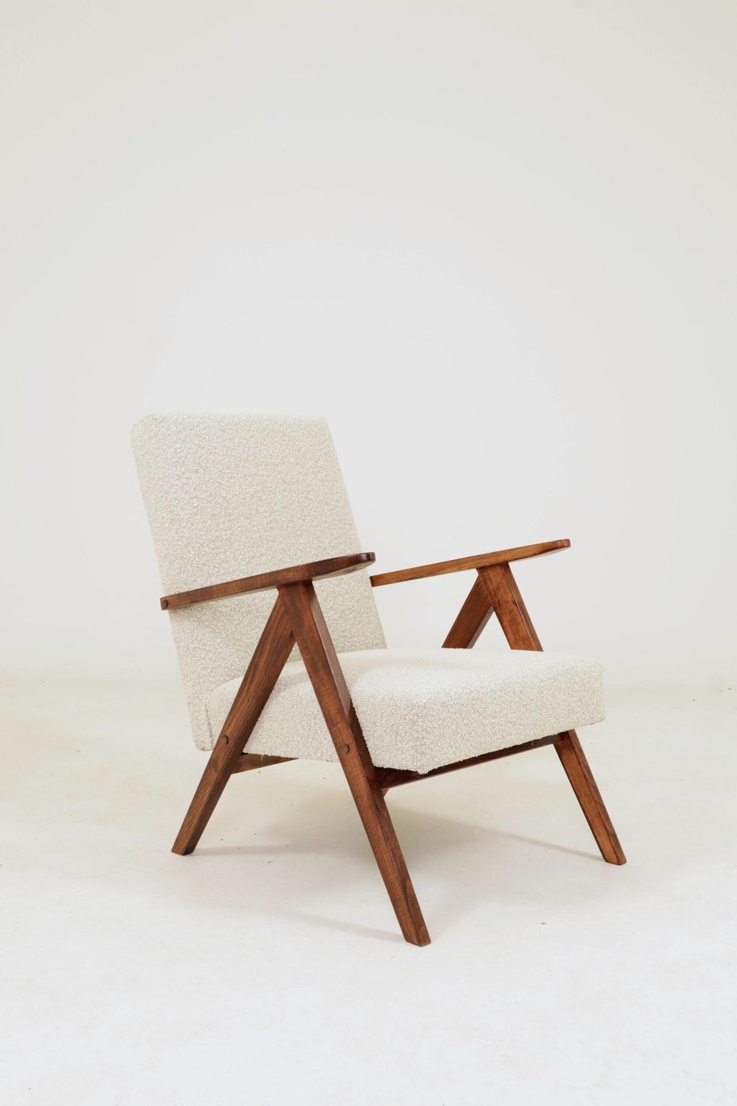 Pair Lounge Chairs Vintage Design Off White Bouclè Fabric Dark Beech Wood Classic Style photo buy