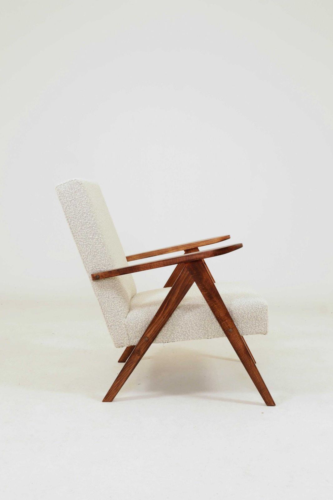 photo for sale Pair Lounge Chairs Vintage Design Off White Bouclè Fabric Dark Beech Wood Classic Style
