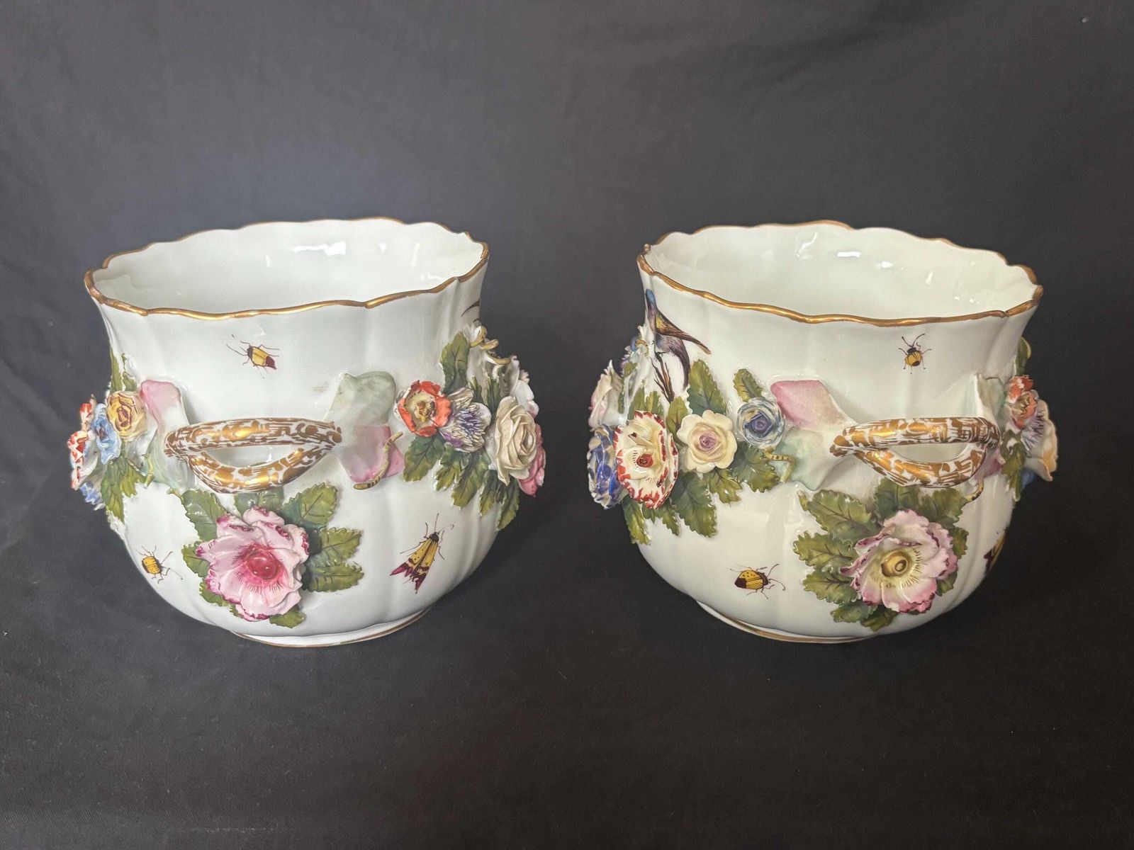 A Pair Of Antique Meissen Floral Encrusted Handle Vases C1910 Stunning Detail photo furniture