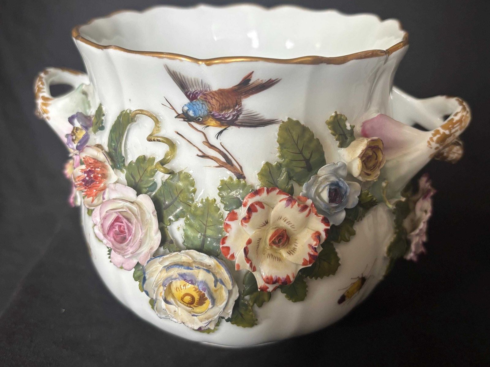 390.0 A Pair Of Antique Meissen Floral Encrusted Handle Vases C1910 Stunning Detail photo