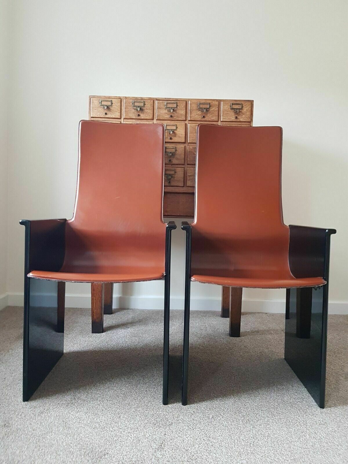 Afra & Tobia Scarpa Set Of Six Torcello Chairs In Leather And Wood By Stildomus