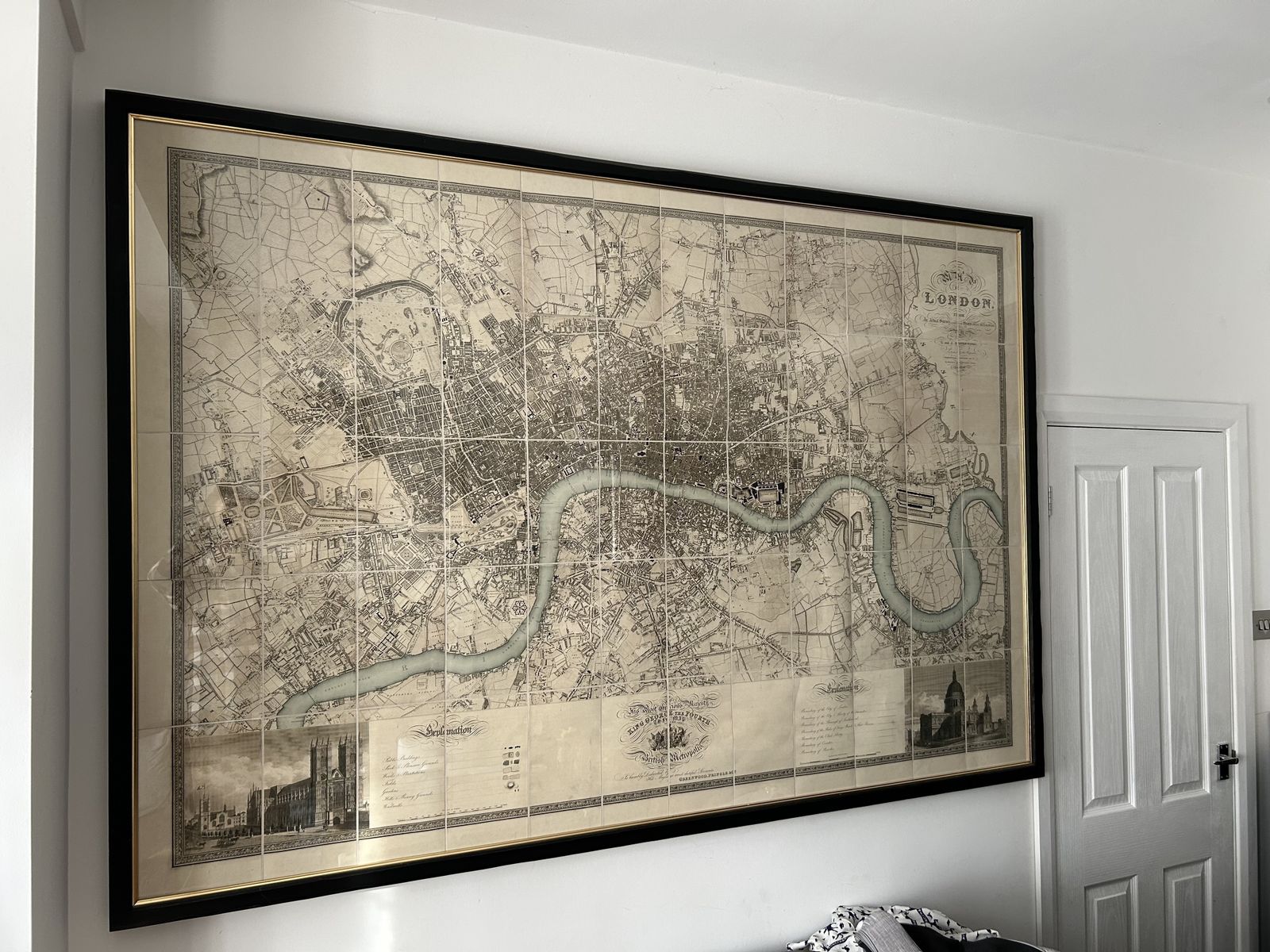 Greenwood's Map Of London Blue River Circa 1827 Framed Distressed Black 81”X53” photo furniture