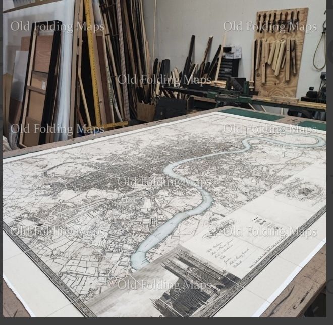 Greenwood's Map Of London Blue River Circa 1827 Framed Distressed Black 81”X53” photo for sale