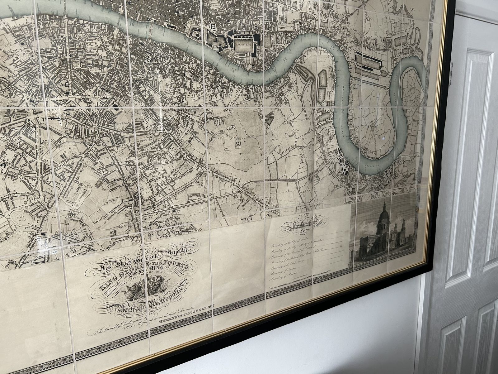Greenwood's Map Of London Blue River Circa 1827 Framed Distressed Black 81”X53” photo vinterior