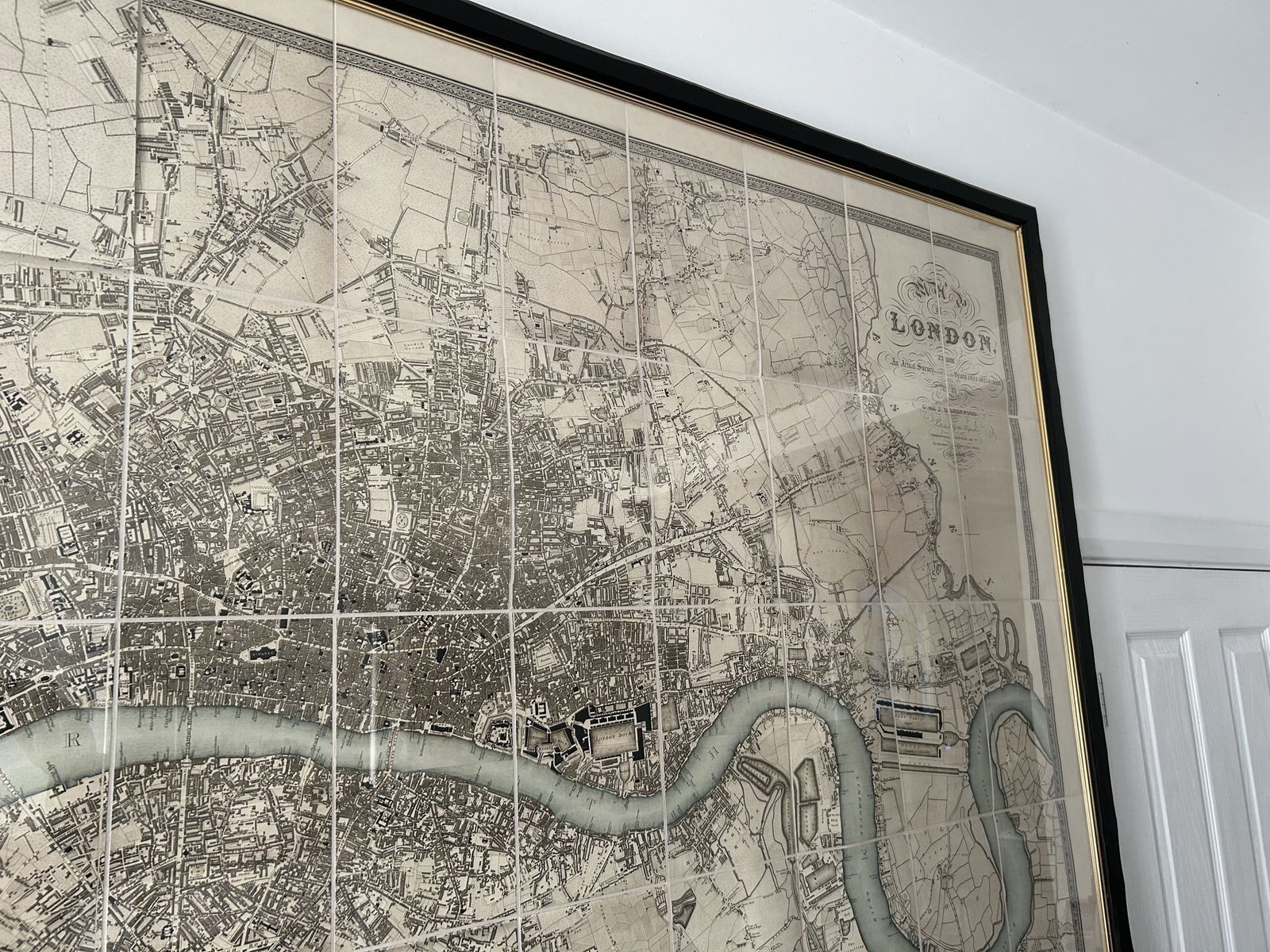 Greenwood's Map Of London Blue River Circa 1827 Framed Distressed Black 81”X53” photo vintage