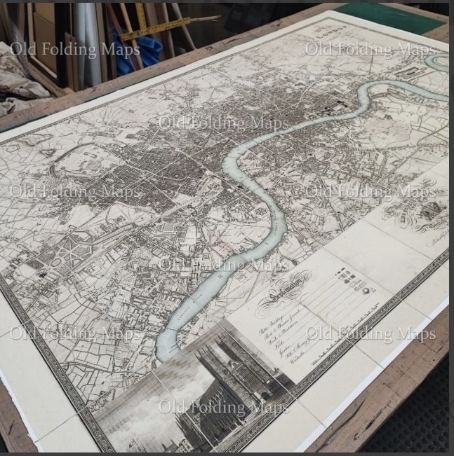 photo for sale Greenwood's Map Of London Blue River Circa 1827 Framed Distressed Black 81”X53”
