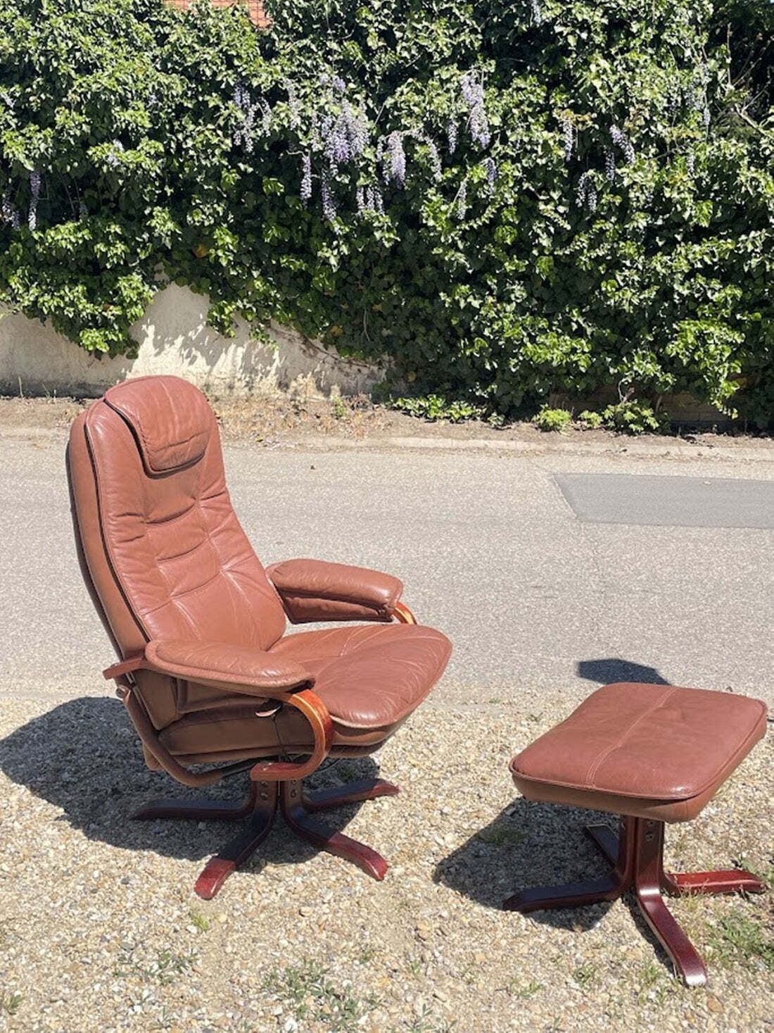 Scandinavian Brown Leather Recliner Lounge Chair With Ottoman, Circa 1990 photo furniture