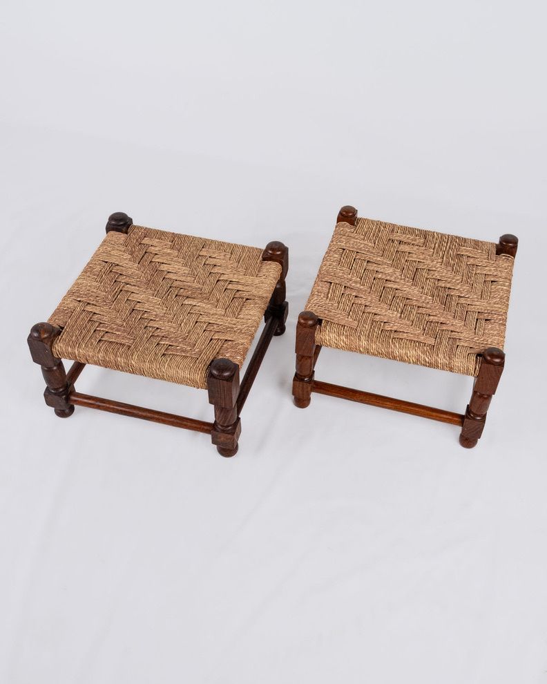 photo for sale Pair Of Wood And Rope Square Stools, Early 20th Century, France