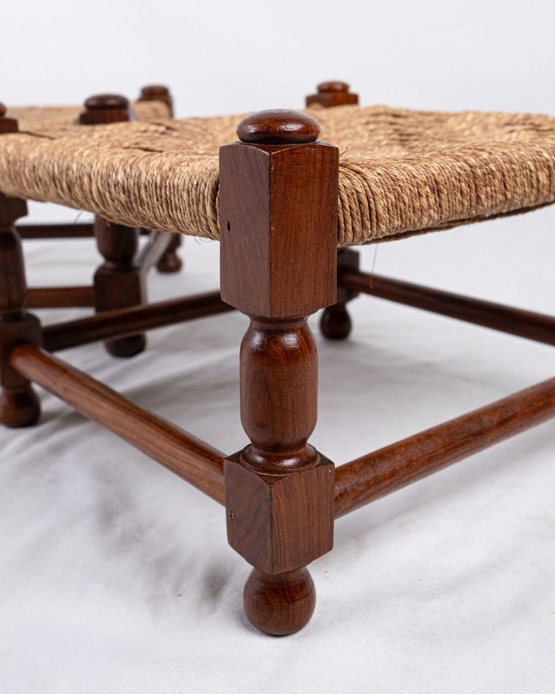 photo vintage Pair Of Wood And Rope Square Stools, Early 20th Century, France