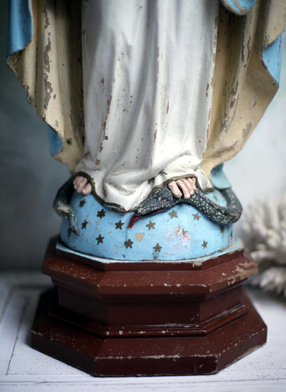 Huge Antique French Madonna Church Statue Large Wooden Polychrome Virgin Mary photo vinterior