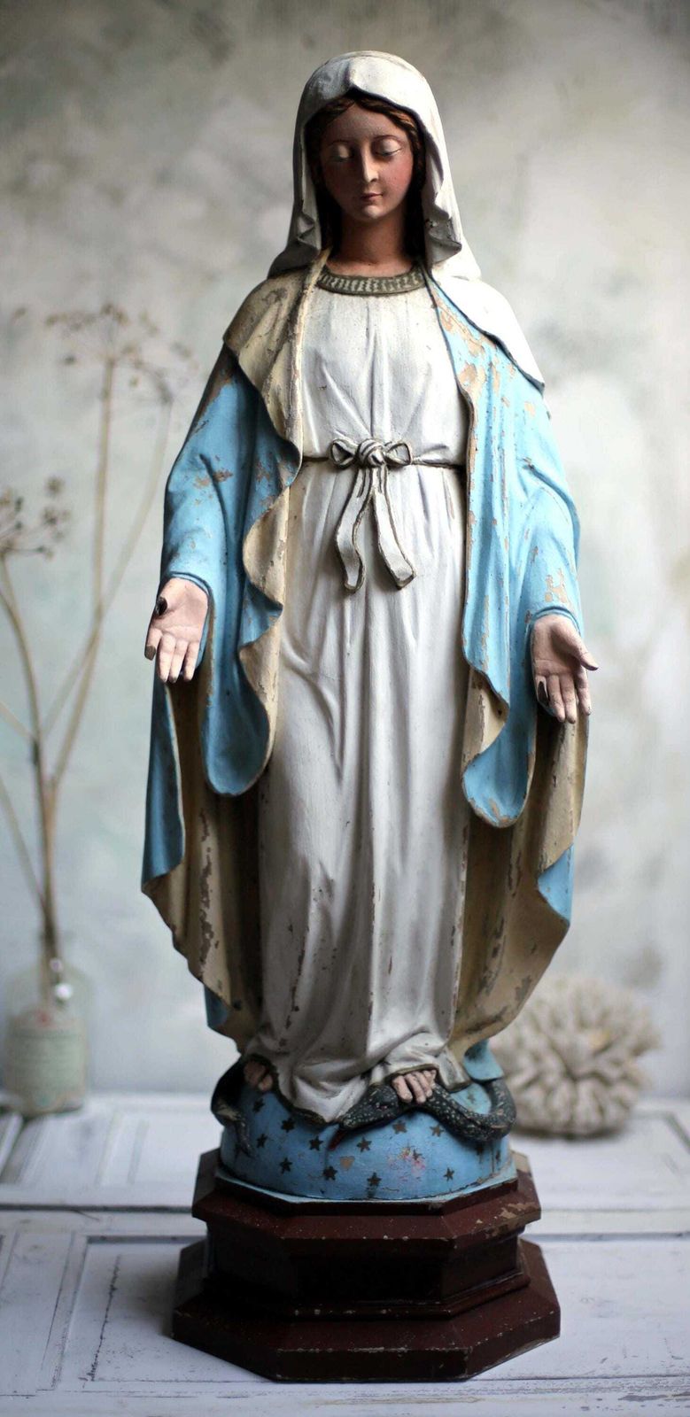 1356.0 Huge Antique French Madonna Church Statue Large Wooden Polychrome Virgin Mary photo