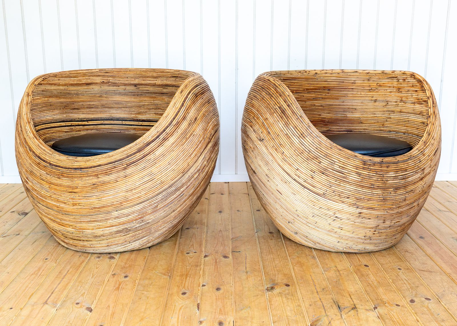 Pair Of Blonde Pod Tub Chairs Sculptural Organic Coastal Boho Mcm Conran Rattan Mediterranean Villa Modernis.T Studio Conservatory Patio photo for sale