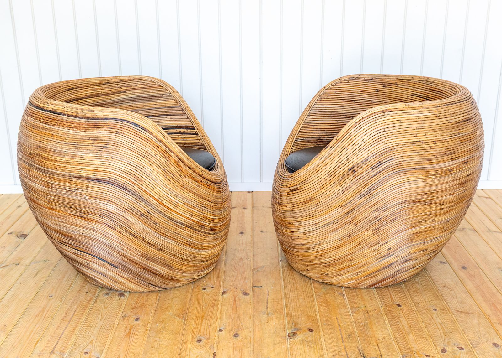 Pair Of Blonde Pod Tub Chairs Sculptural Organic Coastal Boho Mcm Conran Rattan Mediterranean Villa Modernis.T Studio Conservatory Patio photo Furniture