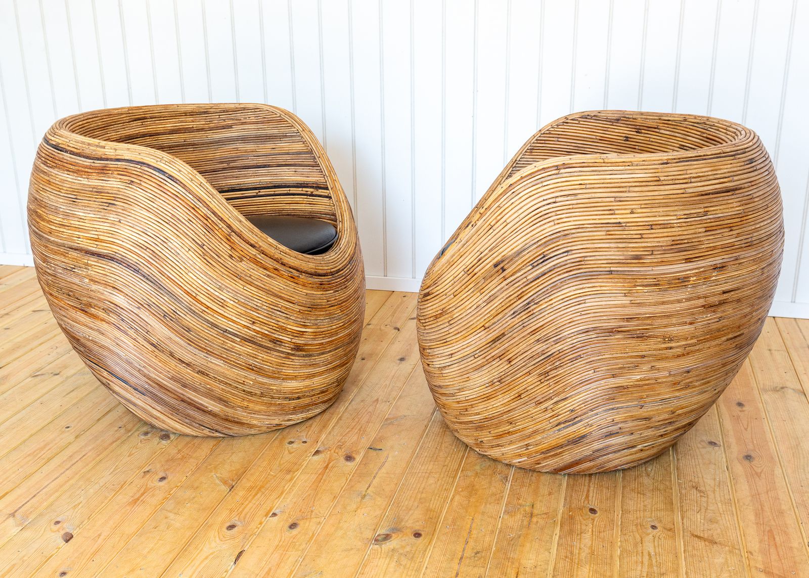 Pair Of Blonde Pod Tub Chairs Sculptural Organic Coastal Boho Mcm Conran Rattan Mediterranean Villa Modernis.T Studio Conservatory Patio photo vintage