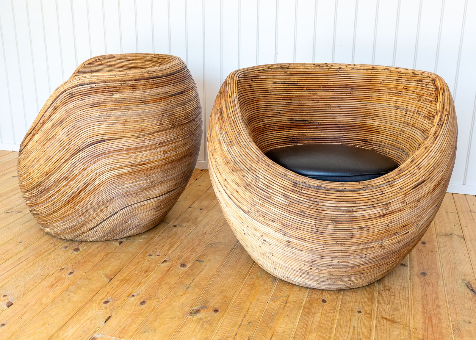 Pair Of Blonde Pod Tub Chairs Sculptural Organic Coastal Boho Mcm Conran Rattan Mediterranean Villa Modernis.T Studio Conservatory Patio photo buy