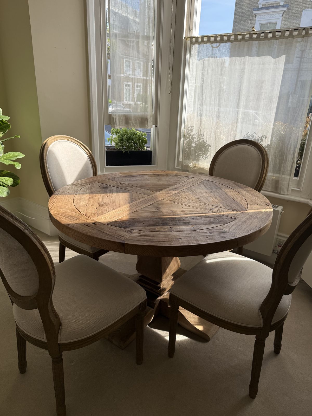Restoration Hardware Salvaged Wood Round Trestle Dining Table + 4 X Rh Round Back Chairs