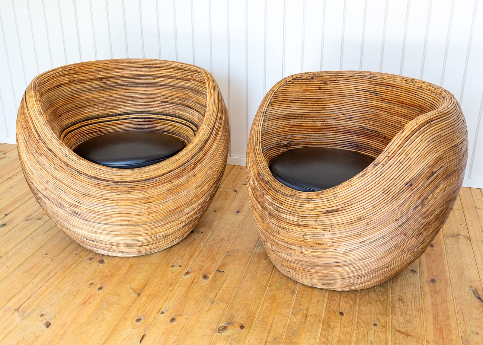 photo buy Pair Of Blonde Pod Tub Chairs Sculptural Organic Coastal Boho Mcm Conran Rattan Mediterranean Villa Modernis.T Studio Conservatory Patio