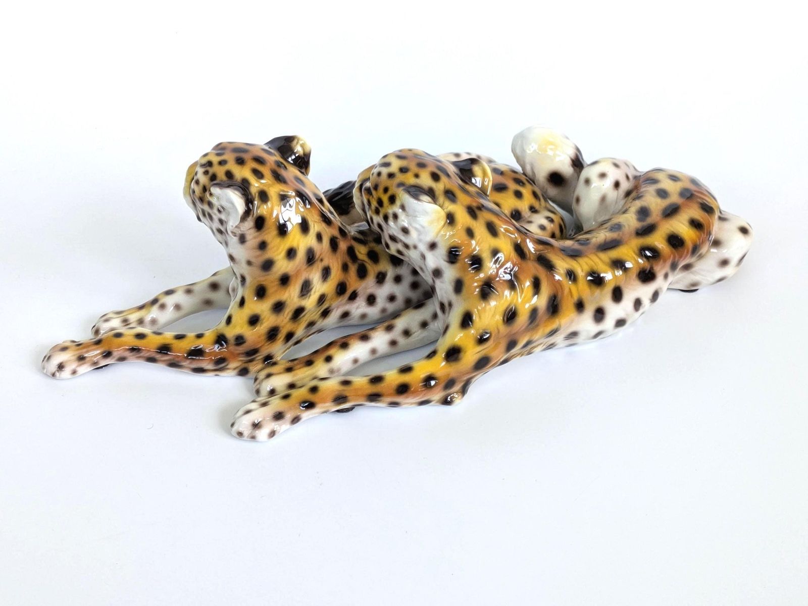 418.0 Large Italian Porcelain Leopard Pair Sculpture Mcm Hollywood Regency Ronzan Style photo