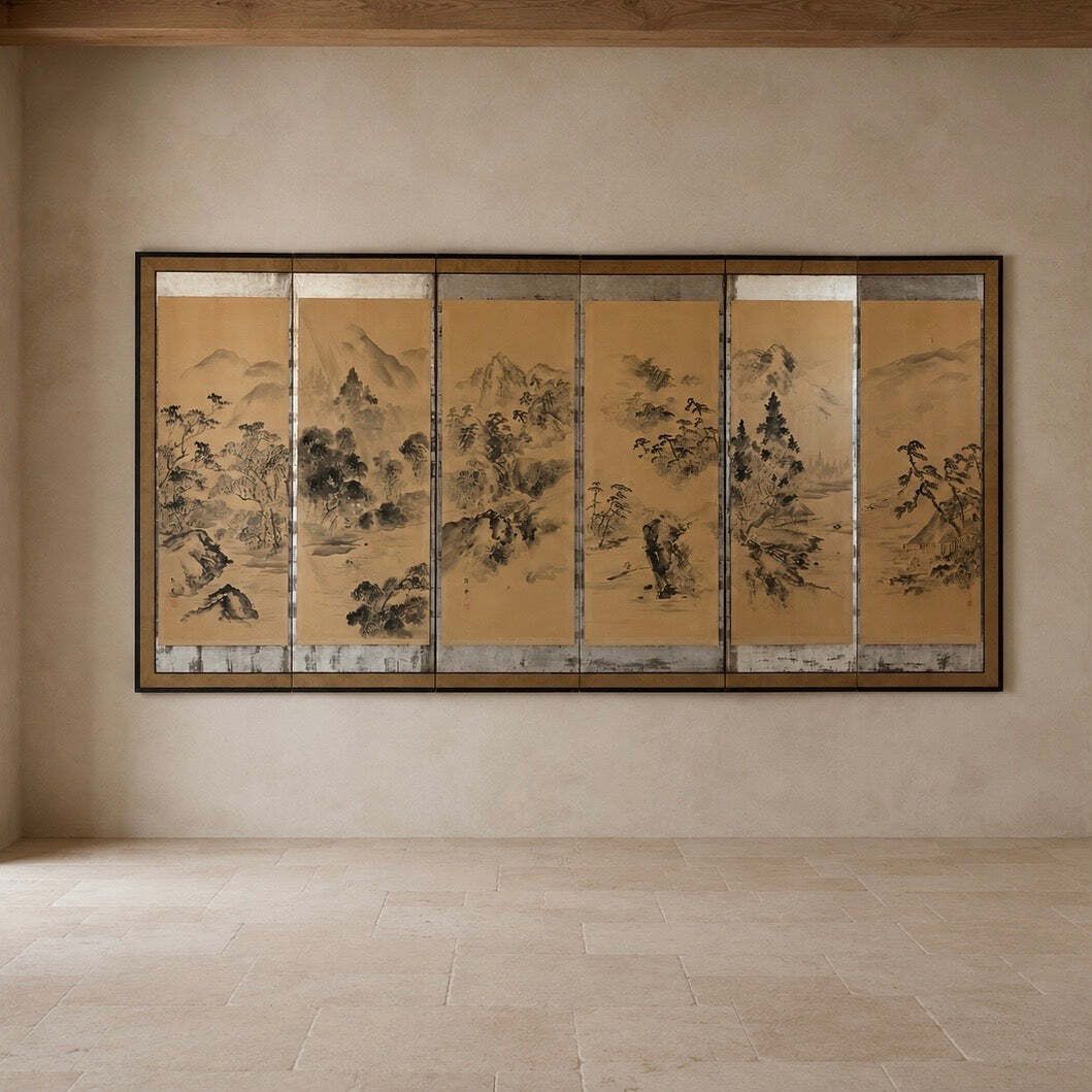 Art Monumental Japanese Six Fold Byōbu Screen, Late Edo To Early Meiji Period photo
