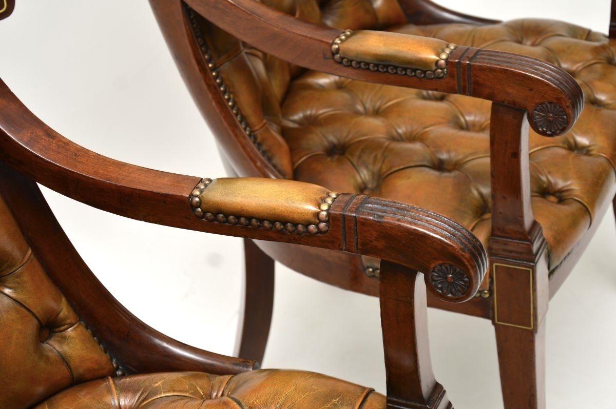 photo buy Pair Of Antique Regency Period Brass Inlaid Mahogany And Leather Armchairs