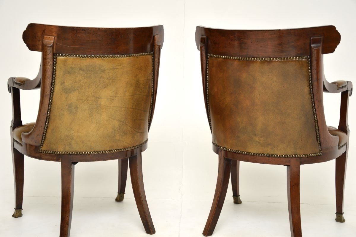 photo vintage Pair Of Antique Regency Period Brass Inlaid Mahogany And Leather Armchairs
