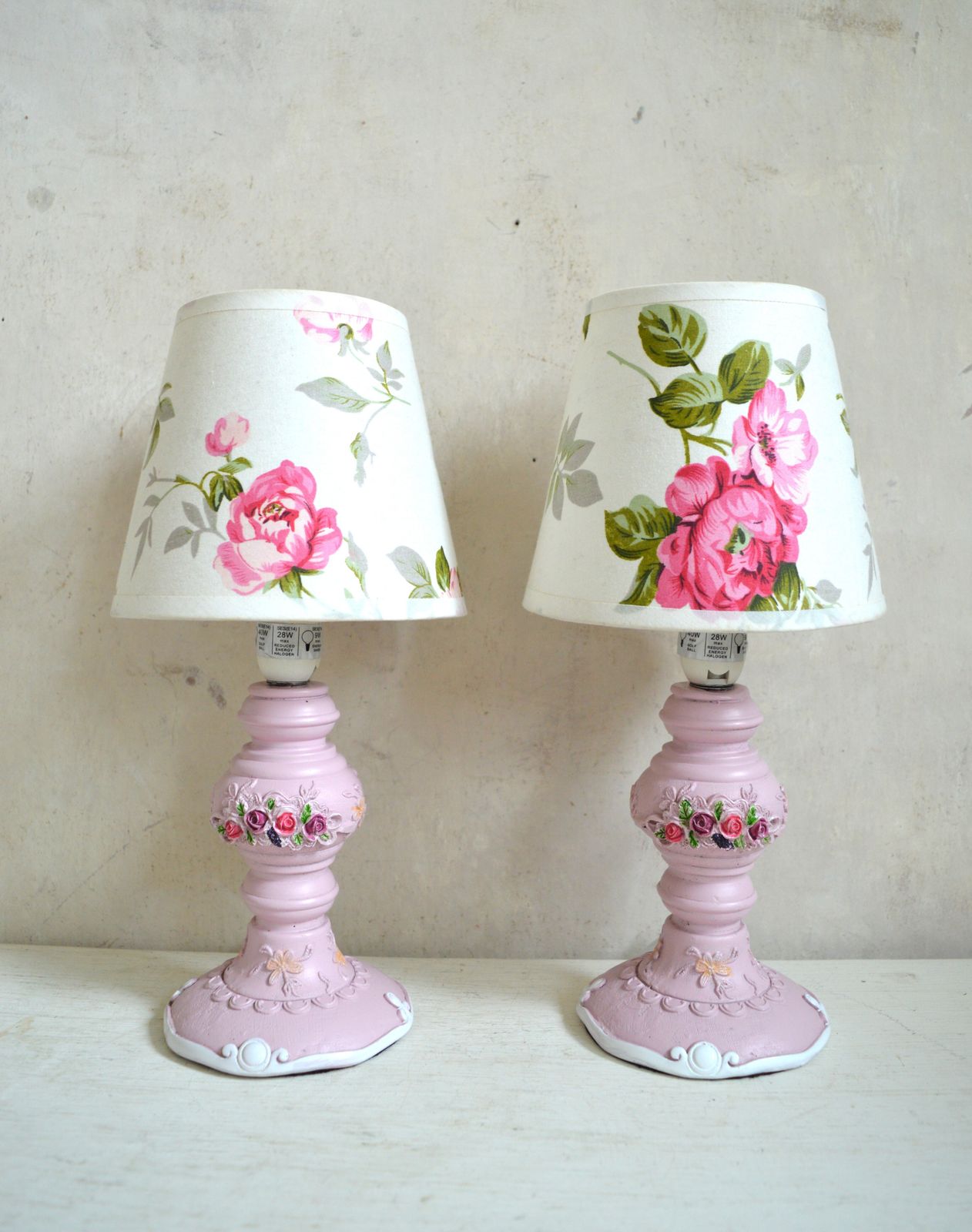 Rare Pair Pink Floral Table Lamps – Shabby Chic Rose Lampshades   In Line Switch Lighting photo 75.0