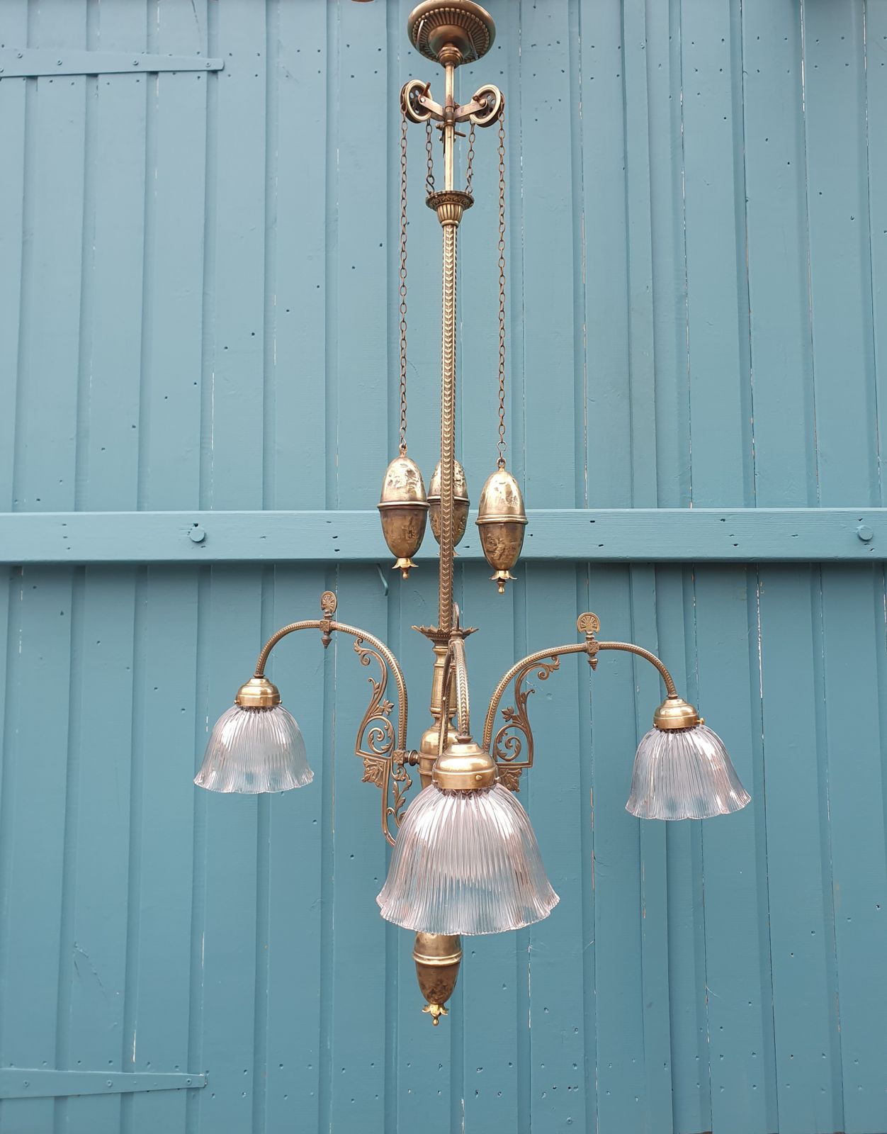 Antique Brass Rise And Fall Chandelier With Glass Shades