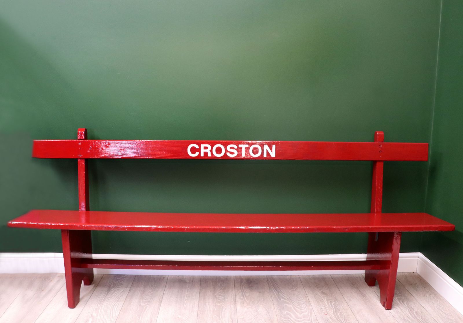 A Lovely Red Painted Wooden Bench, Later Inscribed With Croston. photo furniture