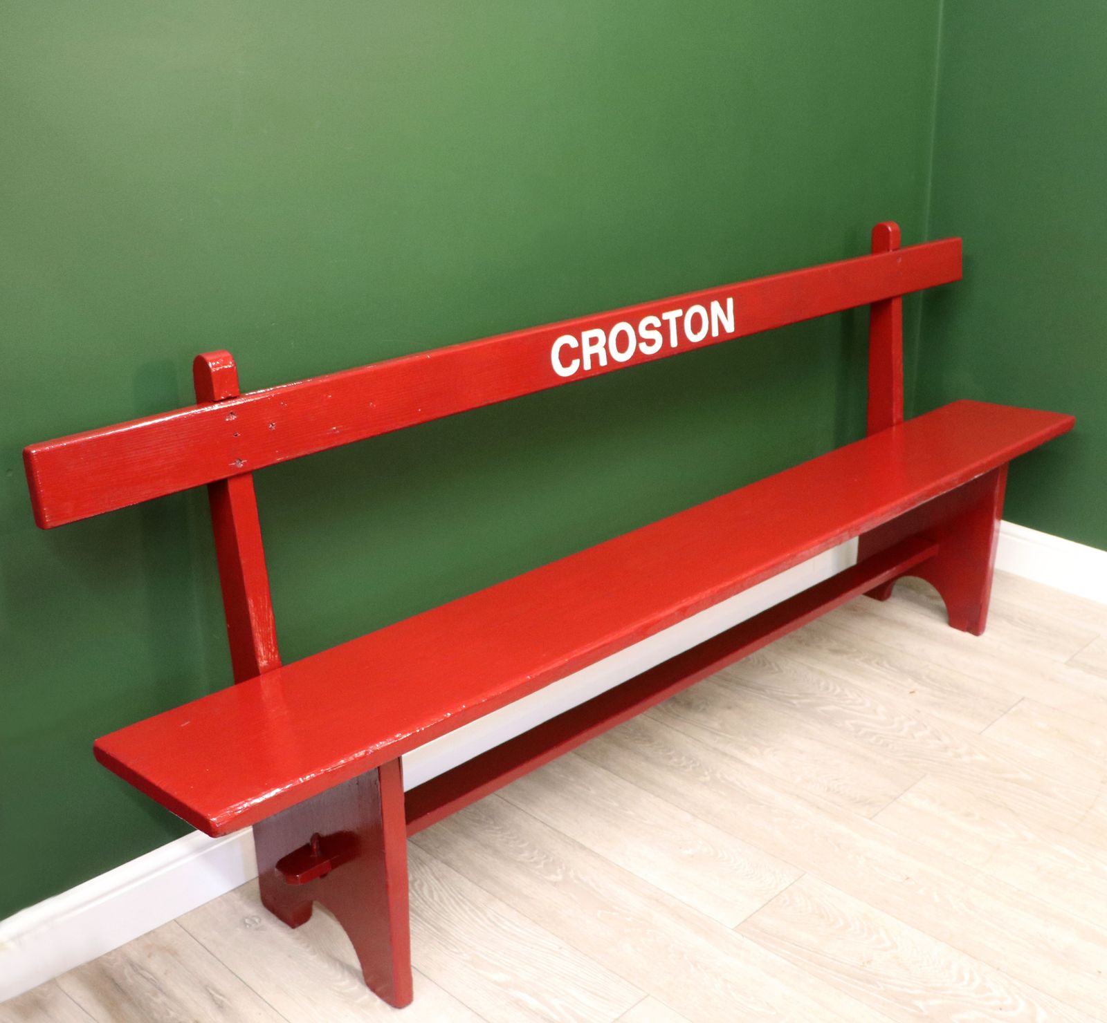A Lovely Red Painted Wooden Bench, Later Inscribed With Croston. photo for sale