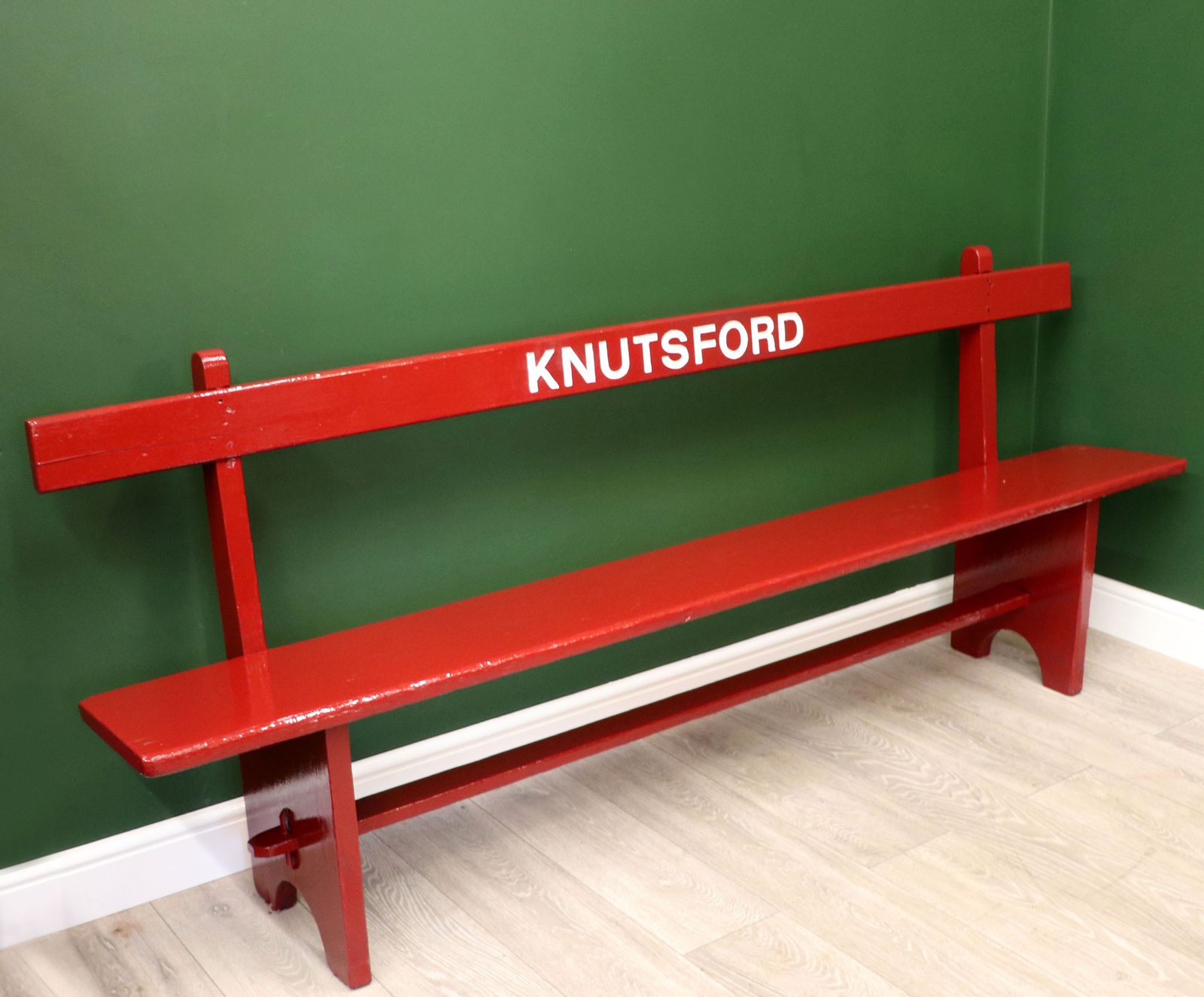 A Lovely Red Painted Wooden Bench Later Inscribed With Knutsford. photo for sale