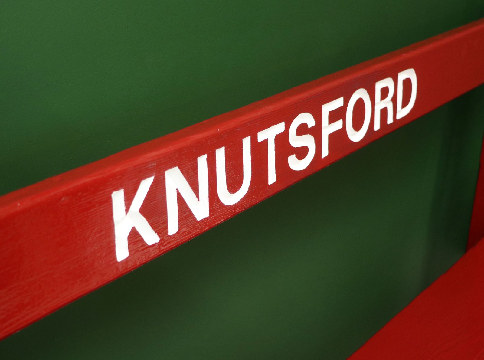 photo for sale A Lovely Red Painted Wooden Bench Later Inscribed With Knutsford.