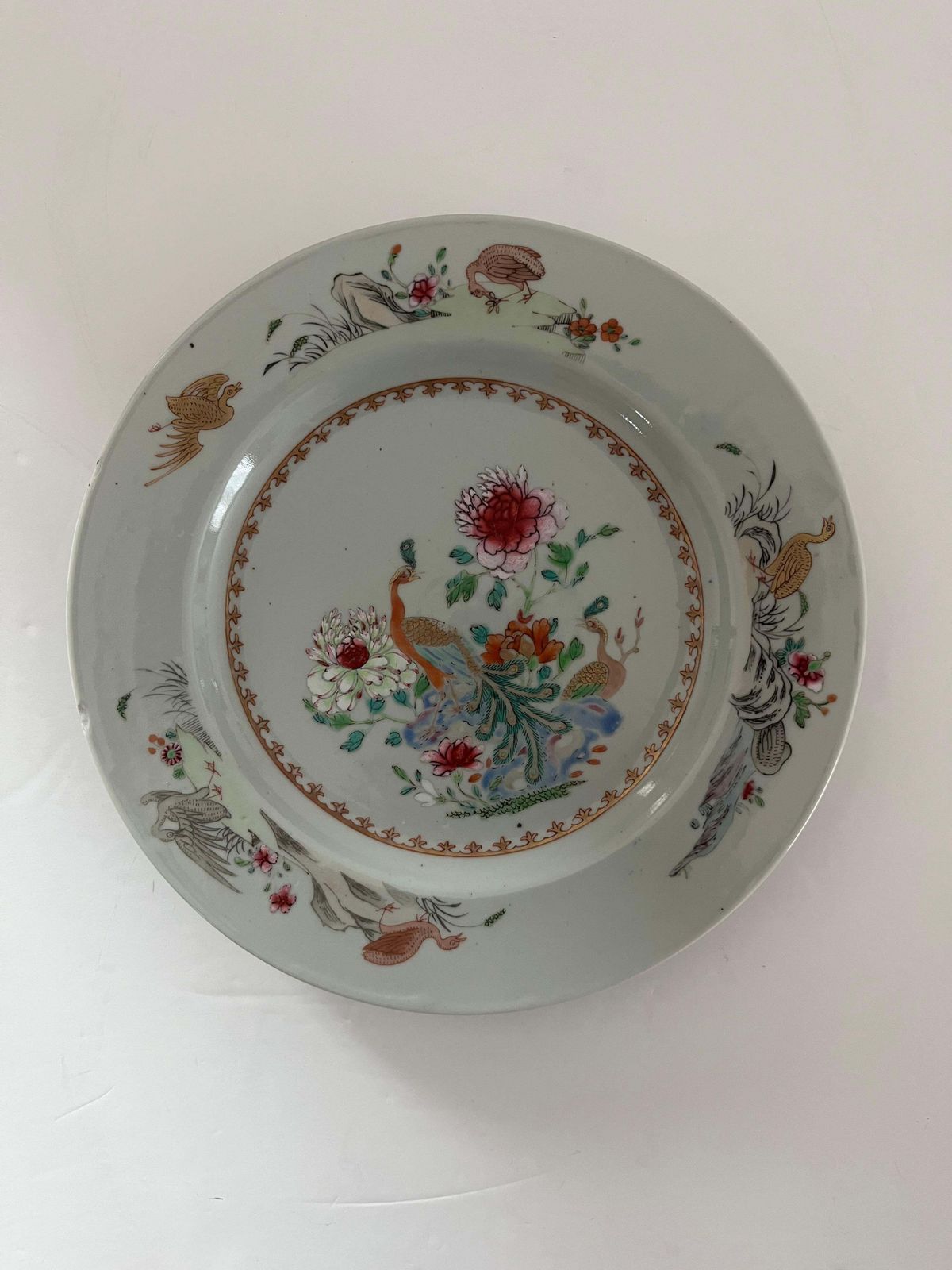 Chinese Porcelain Plate, Famille Rose Peacocks, Qing Yongzheng, 1730 photo furniture