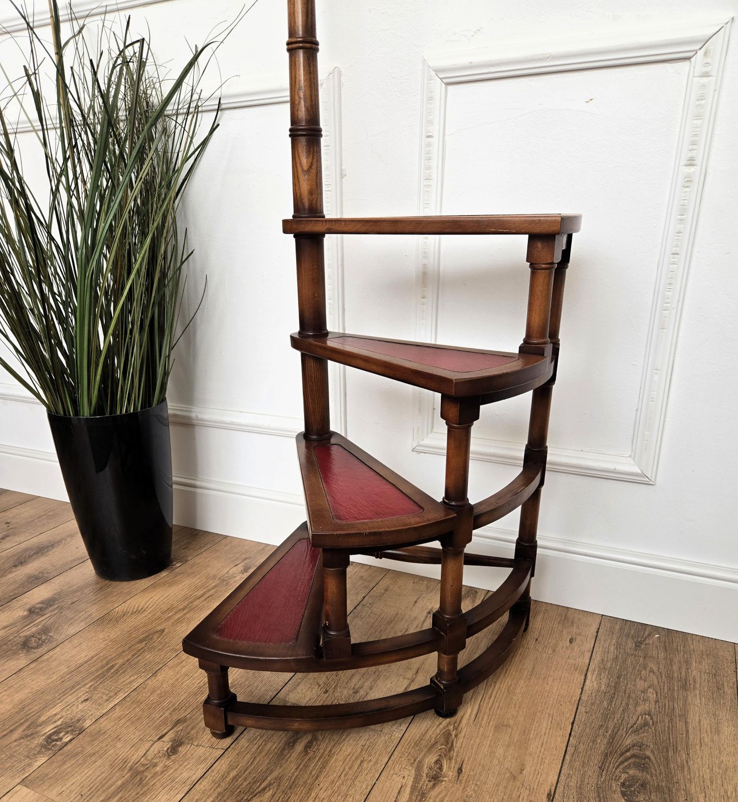 Midcentury Italian Carved Walnut Wood And Leather Spiral 4 Step Library Ladder photo for sale