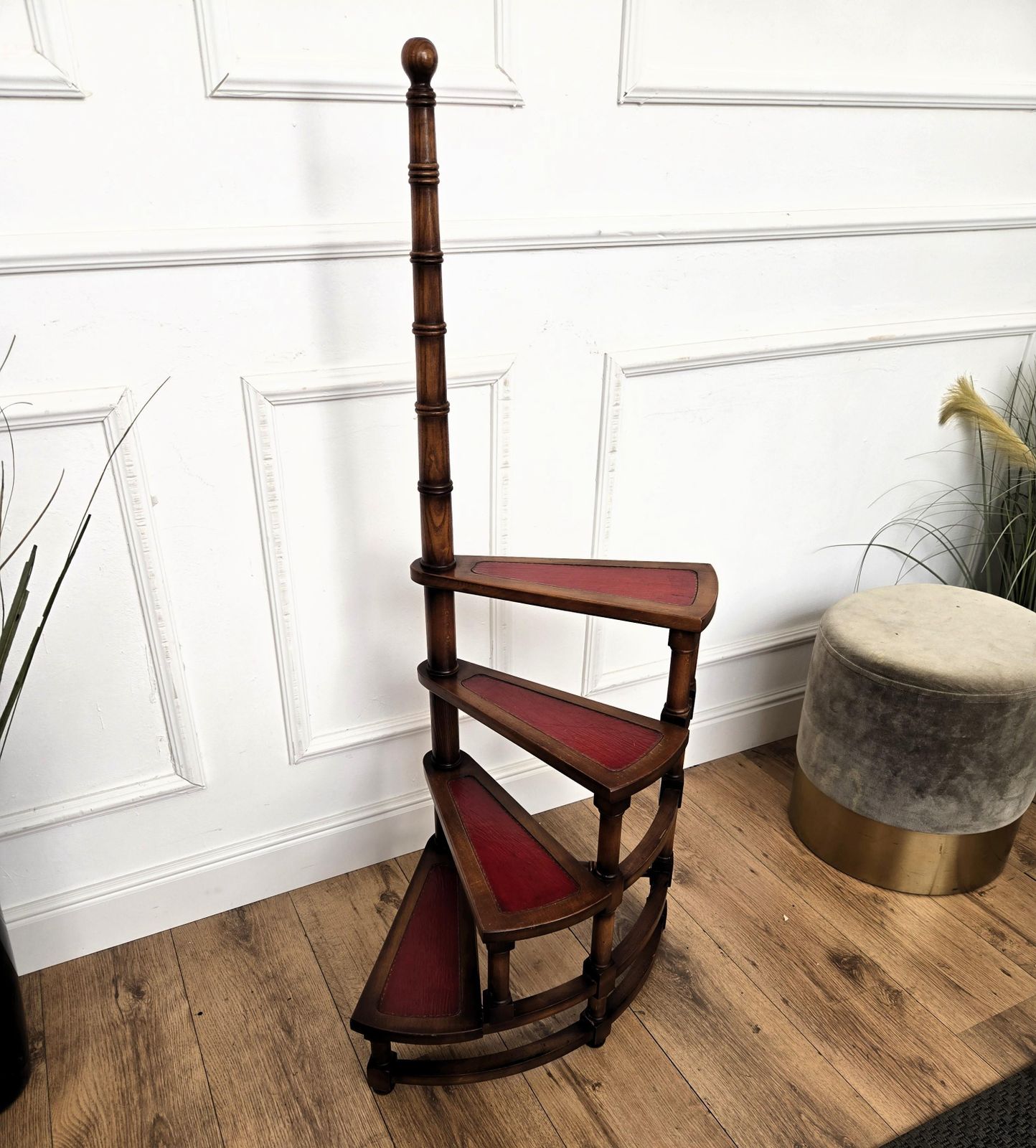 Midcentury Italian Carved Walnut Wood And Leather Spiral 4 Step Library Ladder photo 1124.0