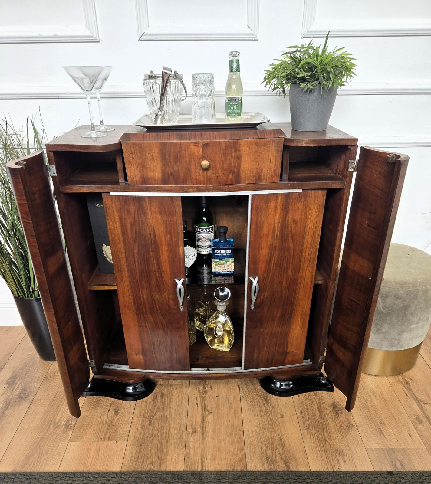 Italian 1940s Art Deco Mid Century Walnut Burl Dry Bar Cabinet photo vinterior