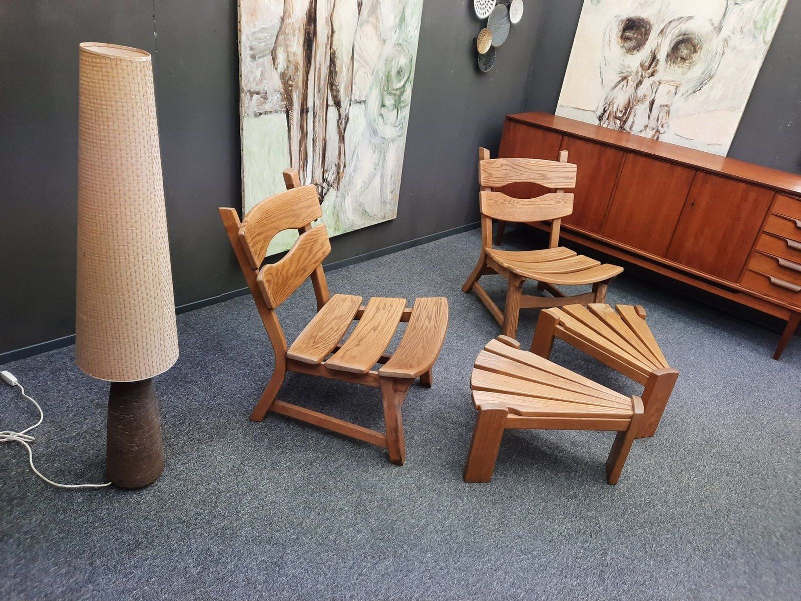 Brutalist Oak Armchairs And Footstools By Awa Holland For Awa Meubelfabriek, 1979, Set Of 4 photo for sale